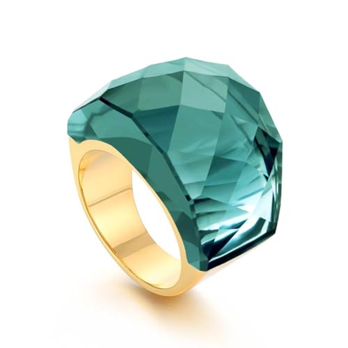Crystal Glass Stainless Steel Band Ring Gold-Tone Plated Fashion Exaggerated Cubic Zirconia Rings Women's Stunning Large Statement Rhinestone Bands Cocktail Party Ring for Ladies Birthday - color: Blackish Green, size: 6