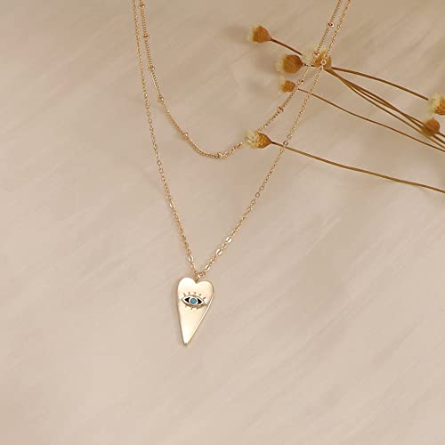 MEVECCO Dainty Pendant Layered Necklaces for Women | 18K Gold Plated Brass, 2-Piece Set With A Choker-Length Upper Layer, Wear Together Or Separately, Refined Everyday Style - style: Heart evil eye