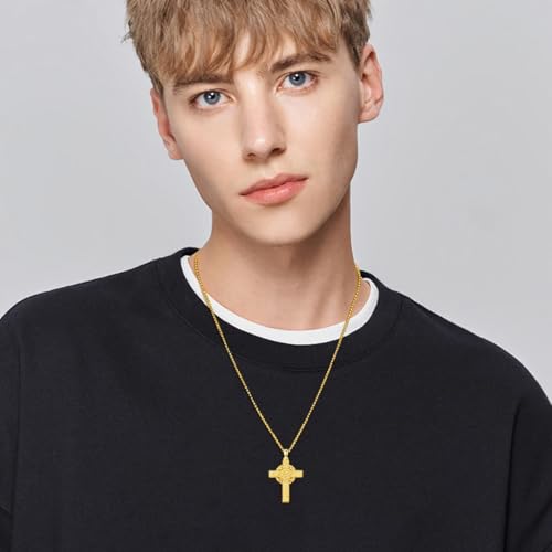 Celtic Cross Necklace For Men ，18K Gold Plated Celtic Cross Celtic Amulet Necklace Protection Jewelry Religious Gifts with 2.5mm 22"+2" Adjustable Rolo Chain - style: style2