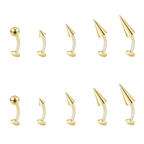 ZS 16G Devil Curved Barbell Lip Ring, Stainless Steel 6/8/10/12mm Long Bar Belly Button Ring, Flat Back Tiger Teeth Vertical Labret Lip Rook Navel Piercing Jewelry - color: Gold, size: L:8mm