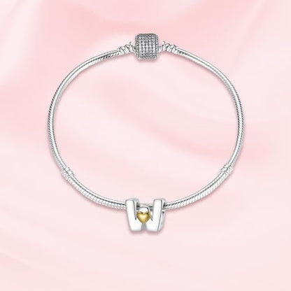 A~Z Alphabet Charm Letter Beads 925 Sterling Silver with Heart-shaped 5A Cubic Zircon Stones fits Pandora European Bracelets Necklace Jewelry Gift for Women - style: W Letter Charms