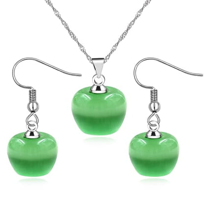 Uloveido Apple Necklace and Earrings Set for Women Cute Apple Jewelry Set for Teacher Mom YL007 - color: Light Green