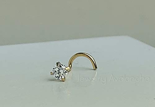 Jewelry Avalanche Solid 14Kt Gold Nose Screw, 24G Nose Hook, Nose Stud, 14kt Yellow Gold or 14kt White Gold Nose Ring Prong Set CZ Accent - style: 14kt yellow gold w/ 2.5mm cz