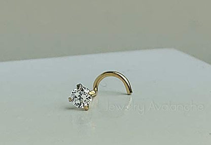 Jewelry Avalanche Solid 14Kt Gold Nose Screw, 24G Nose Hook, Nose Stud, 14kt Yellow Gold or 14kt White Gold Nose Ring Prong Set CZ Accent - style: 14kt yellow gold w/ 2.5mm cz