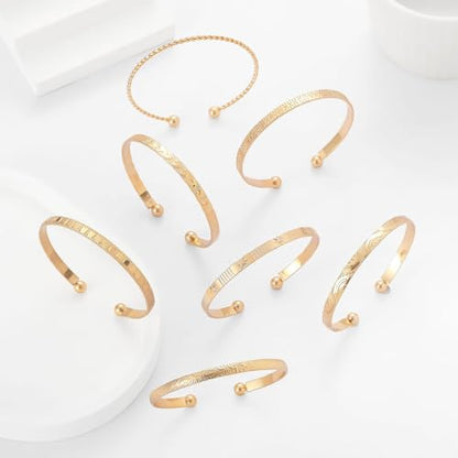 7Pcs Gold Bangle Bracelets for Women 14k Gold Plated Stackable Cuff Bracelet Set Simple Trendy Opening Cuff Bangle Bracelets Bracelet Minimalist Layering Jewelry Gift Set - color: Gold