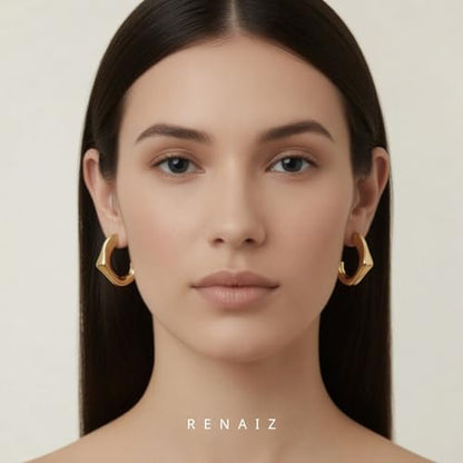 RENAIZ Bold Statement Hoop & Stud Earrings for Women – 14K Gold & Rhodium Plated Maximalist Jewelry, Chunky Geometric Boho Earrings, Hypoallergenic Non-Tarnish Trendy Gift - color: Yellow Gold, style: Abstract