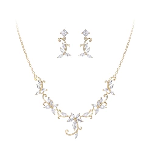 Crysdue Flower Leaf Wedding Jewelry Set for Bridal Bridemaid, Cubic Zirconia Teardrop Elegant Silver/14K/Rose Gold Plated Vine Necklace Dangle Earrings for Prom Party - style: A_Gold Tone