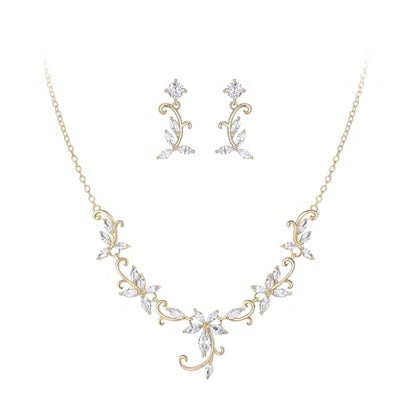 Crysdue Flower Leaf Wedding Jewelry Set for Bridal Bridemaid, Cubic Zirconia Teardrop Elegant Silver/14K/Rose Gold Plated Vine Necklace Dangle Earrings for Prom Party - style: A_Gold Tone