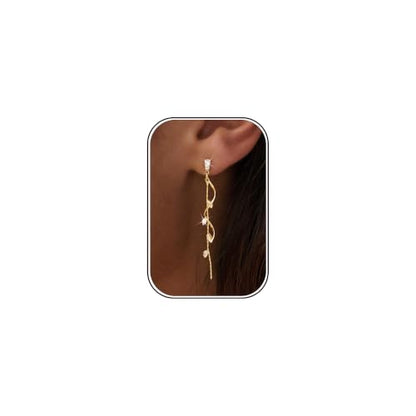 Earrings for Women - 14K Gold Plated Tassel Dangle Earrings | Leaf, Flower, Tassel Dangling Drop Earrings, Sparkling Wedding Bridal Prom Statement Jewelry Gift for Her - color: Gold Tassel