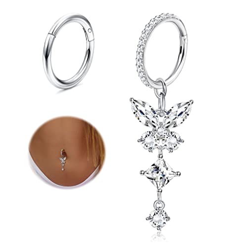 THUNARAZ 14G Hoop Belly Button Rings for Women CZ Clicker Navel Piercing | Surgical Stainless Steel Belly Navel Rings, Hoop Heart Butterfly Dangle Belly Piercing Jewelry - color: Silver Tone-Dangle Butterfly