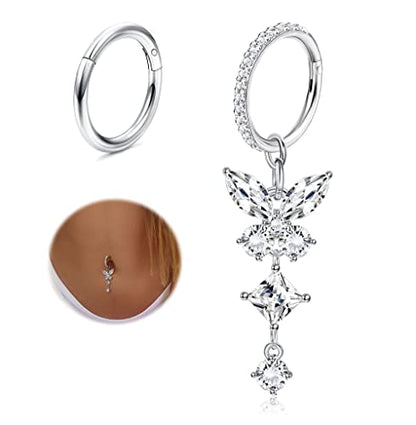 THUNARAZ 14G Hoop Belly Button Rings for Women CZ Clicker Navel Piercing | Surgical Stainless Steel Belly Navel Rings, Hoop Heart Butterfly Dangle Belly Piercing Jewelry - color: Silver Tone-Dangle Butterfly