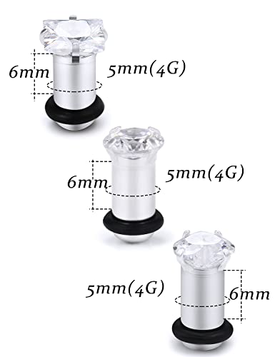 8G 6G 4G 2G 0G 1/2 inch Stainless Steel Ear Gauges - Round, Square, Heart, Cubic Zirconia - 3mm to 12mm - Silver, 3 Pairs - color: Gauge=4g=5mm