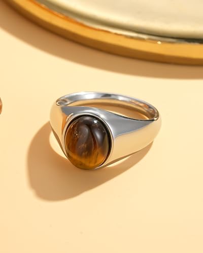 YeGieonr Gold Signet Rings for Women Non Tarnish Gold Rings, Waterproof Gemstones Statement Ring, 18K Gold Plated Stainless Steel Gem Stone Jewelry Gift for Everyday Wear - color: Tiger Eye Silver