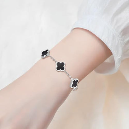 18K Gold Plated Lucky Clover Jewelry Set, Birthday Gifts for Women | Stainless Steel Hypoallergenic,Black White Red Four Leaf Clover Bracelet Necklace Earrings set, Daily Wear, Gifts for Women - color: Clover Set-Silver Black