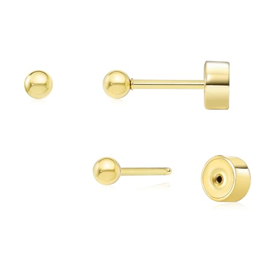 Sweetkiki Threadless Flat Back Earrings, 14K Gold Plated Ball Stud Earrings Hypoallergenic | Cartilage Earring | Helix Piercing Jewelry | Tragus Piercing Jewelry | Push in Flatback Earrings for Women Men - color: 14K Gold, size: 2 Millimeters