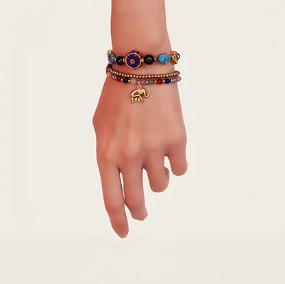 Petite Adjustable Boho Bracelet for Small Wrists 6-7.5 Inch - Handmade Nepalese Buddhist Prayer Bracelet with Elephant Charm, Brass Bell, Turquoise Stone & Tibetan Mantra Beads, Spiritual Lucky Gift - color: Colorful-2Pcs