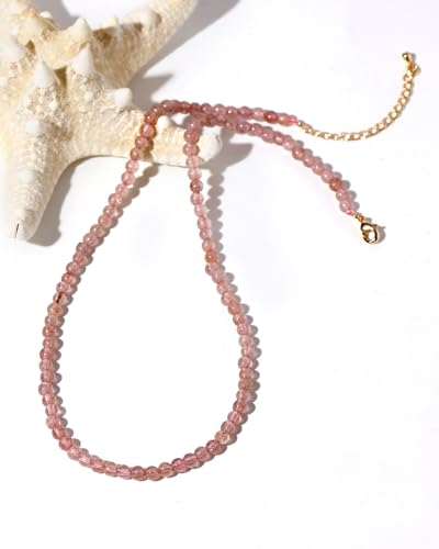 Simple 4mm Gemstones and Crystals Choker Necklace Unisex 16"-18" | Necklaces for Women Men, Adjustable, 40-45 cm Chain Length, Handmade, Spiritual Gemstones, Positive Energy, Daily Wear - style: Strawberry Quartz