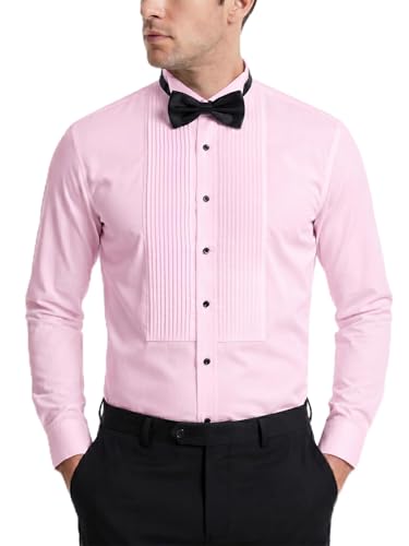 FAHIZO Men's White Tuxedo Shirt with Wing Collar, French Cuffs & Accessories - color: Bow Tie/Pink, size: Small