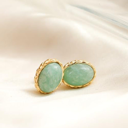 Gempires Bold Oval Gemstone Stud Earrings for Women – Natural Healing Stone Jewelry 14K Gold-Plated Hypoallergenic Tarnish-Resistant – Bold Statement Studs Gift for Her - style: Amazonite