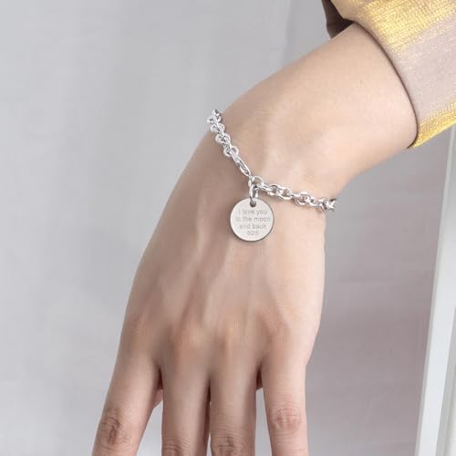 Dankadi Women 925 Sterling Silver Round Cable Wire Link Bracelet Charm Heart-Bell-Square-Circle Pendant Chain Bangle Fine Jewelry Gift For Wife Her - color: 6MM Silver Round Pendant, size: 8.5 in