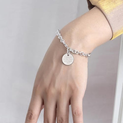 Dankadi Women 925 Sterling Silver Round Cable Wire Link Bracelet Charm Heart-Bell-Square-Circle Pendant Chain Bangle Fine Jewelry Gift For Wife Her - color: 6MM Silver Round Pendant, size: 9 in