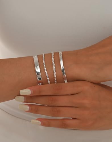 Gold Bracelets for Women 14K Gold Plated Stack Trend Bracelets Charm Paperclip Chain Cuban Link Layered Waterproof Bracelet Dainty Bracelet for Women Jewelry Gifts - color: Silver