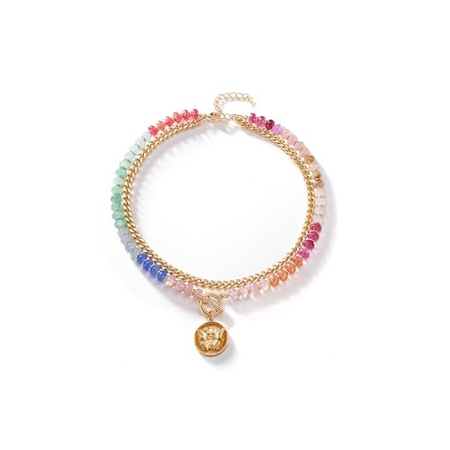 Colorful Acrylic Beaded Necklace For Women, Boho Double Layer Rainbow Beads Thick Cuban Chain Chunky Heart Pendant Statement Choker Summer Beach Jewelry Gift - color: Colorful Gold Coin Butterfly