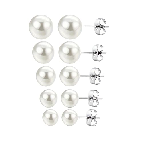 Stainless Steel Faux Pearl Stud Earrings for Women, 5 Pairs Classic Pearl Earrings Set