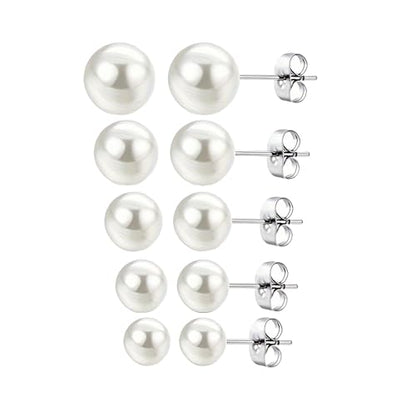Stainless Steel Faux Pearl Stud Earrings for Women, 5 Pairs Classic Pearl Earrings Set