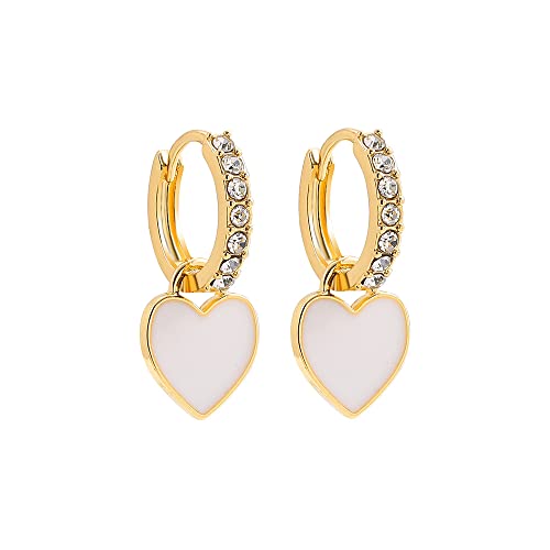 Preppy Love Heart Hoop Earrings for Women Teen Girls Gold Plated Cubic Zirconia CZ Charms Dangle Drop Huggie Small Hoops Cartilage Earring Fashion Colorful Y2K Jewelry Cute Gifts - color: White