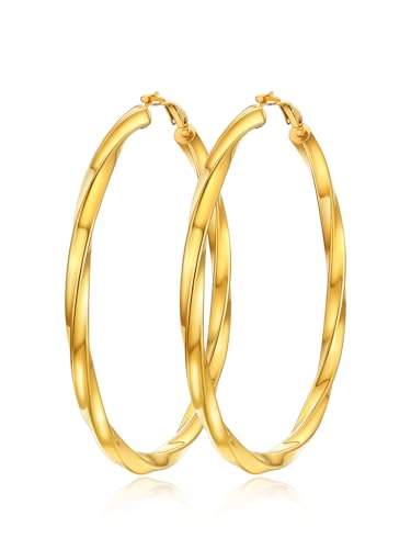 FindChic Twisted Hoop Earrings for Women, Silver/Black/14K Gold Plated Hypoallergenic Hollow Tube Rounded Loop Earrings, 30mm/40mm/60mm/80mm Hoops with Custom Name Options and Gift Box - color: c.Gold, size: 80MM