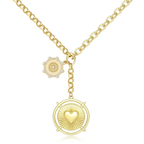 Chunky Gold Necklace for Women, 18K Waterproof Heart Necklace Statement Necklace Gold Charm Necklace Chunky Jewelry Paperclip Chain Choker Gift for Women - style: Heart Sun Coin