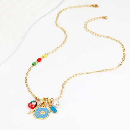 Charm Necklace for Women Gold Evil Eye Sun Moon Flower Coin Pendant Necklace Dainty Paperclip Chain Vintage Luck Amulet Choker Necklaces Celestial Jewelry Gift - style: 5 Charms-Blue Enamel