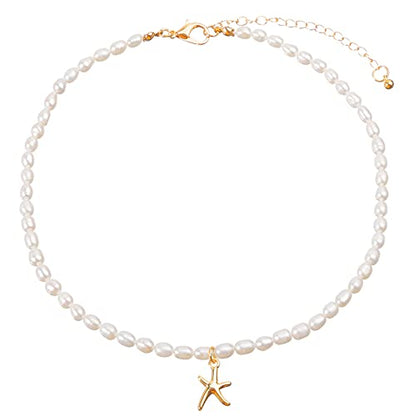 wgoud Natural Freshwater Pearl Choker Necklace for Women, Trendy 14K Gold Plated Pearl Necklaces Handmade Jewelry Gift - color: Necklace E