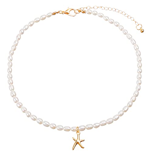 wgoud Natural Freshwater Pearl Choker Necklace for Women, Trendy 14K Gold Plated Pearl Necklaces Handmade Jewelry Gift - color: Necklace E