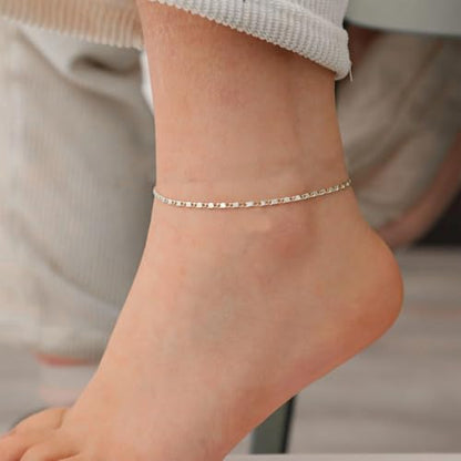 VAMA FASHIONS 8-Piece Adjustable Silver Anklet Set Snake Herringbone Rope Paperclip Figaro Satellite Box & Mirror Chain Anklets Foot Jewelry for womens