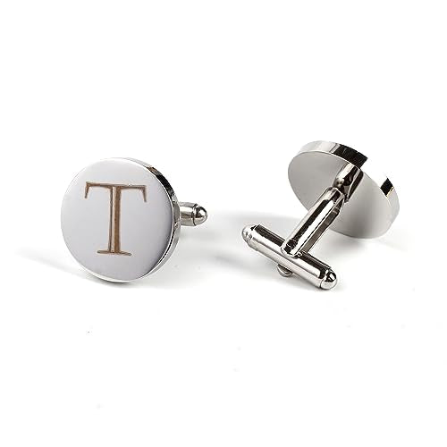 Mens Initial Silver Cufflinks A-Z Alphabet Letter Steel Cuff Links with Engraved Walnut Wood Box Groom Groomsman Wedding Set… - style: T