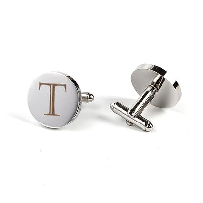 Mens Initial Silver Cufflinks A-Z Alphabet Letter Steel Cuff Links with Engraved Walnut Wood Box Groom Groomsman Wedding Set… - style: T