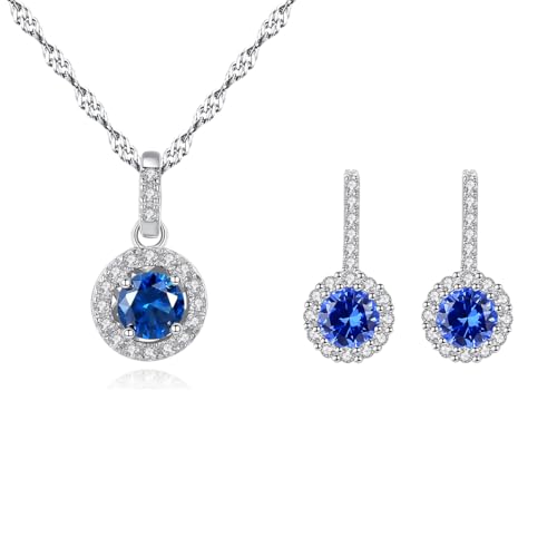 925 Sterling Silver Wedding Jewelry Set for Women - Sapphire Tone Gemstone Pendant Necklace and Stud Earrings with Cubic Zirconia Halo Design - Premium Rhodium Plated Finish - color: Blue