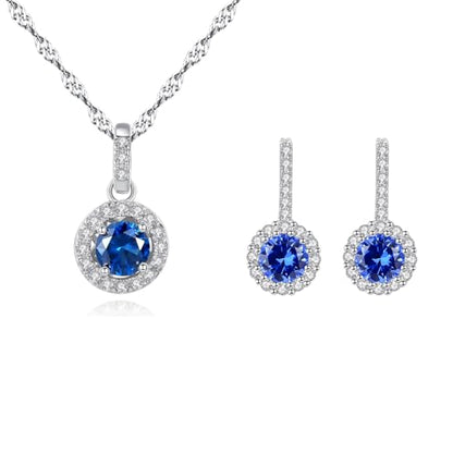 925 Sterling Silver Wedding Jewelry Set for Women - Sapphire Tone Gemstone Pendant Necklace and Stud Earrings with Cubic Zirconia Halo Design - Premium Rhodium Plated Finish - color: Blue