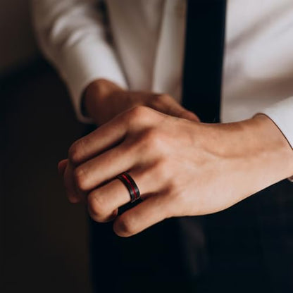 King Will Mens Tungsten Rings for Men Two Tone Grooved Mens Wedding Band Cool - color: Red & Black 8mm