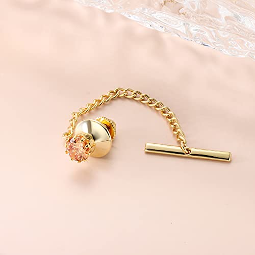 HAWSON Mens Tie Tack with Chain Round Crystal Wedding Business Accessories - color: Gold + Champnge