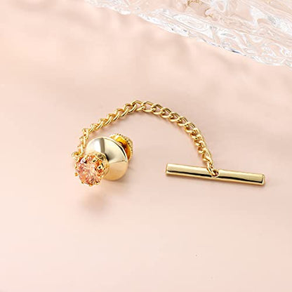 HAWSON Mens Tie Tack with Chain Round Crystal Wedding Business Accessories - color: Gold + Champnge