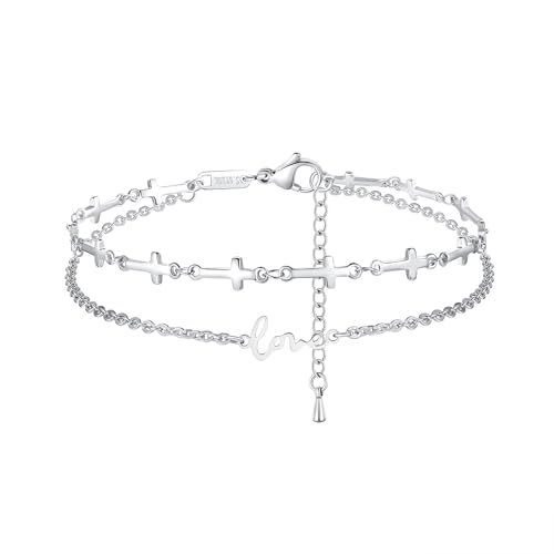 mnmoom Double Layer Cross Anklet for Women, Stainless Steel Love Charm, 10.6 Inch Adjustable Chain, Gold/Silver - color: Silver
