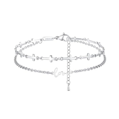 mnmoom Double Layer Cross Anklet for Women, Stainless Steel Love Charm, 10.6 Inch Adjustable Chain, Gold/Silver - color: Silver