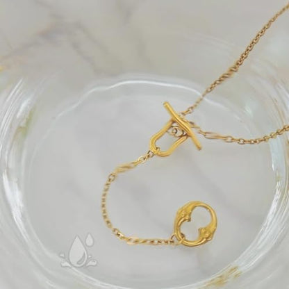 Gold Y-Shaped Necklace for Women, Double O-Ring Geometric Pendant on 52.5cm Chain, Minimalist Long Necklace