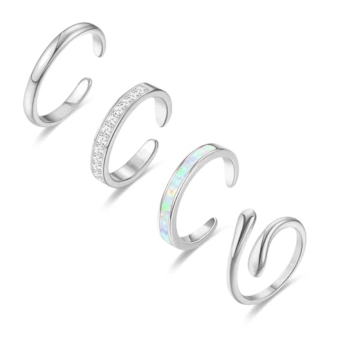 LOFITOR 4PCS Toe Rings for Women Gold Adjustable 14K Gold Filled Toe Ring Set Simple Cute Thin Band Hawaiian Beach Summer Foot Jewelry Waterproof Gold Toe Rings - style: Opal Silver