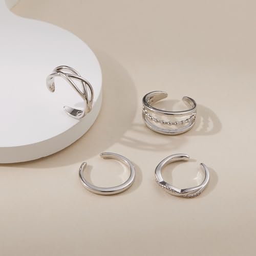 LOFITOR 4PCS Gold Toe Rings for Women Non Tarnish Waterproof Toe Ring Set | 14K Gold Filled Dainty Stackable Cute Thin Adjustable Open Band Toe Ring Cz Foot Jewelry For Beach Summer Hawaiian - style: Fashion Silver