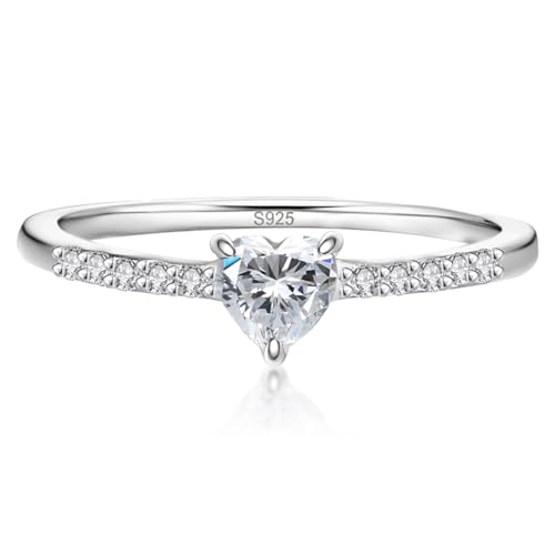Heart Moissanite Promise Ring for Her | 0.5CT D Color VVSI , 925 Sterling Silver Heart Shaped Solitaire Ring with Pavé Band, Wedding Anniversary Valentine's Day Gift - color: Silver