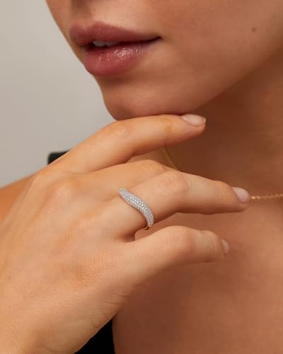 PAVOI 14K Gold Plated Wavy Cubic Zirconia Stackable Ring for Women | Twisted Wave CZ Band | Delicate Eternity Rings - color: White Gold